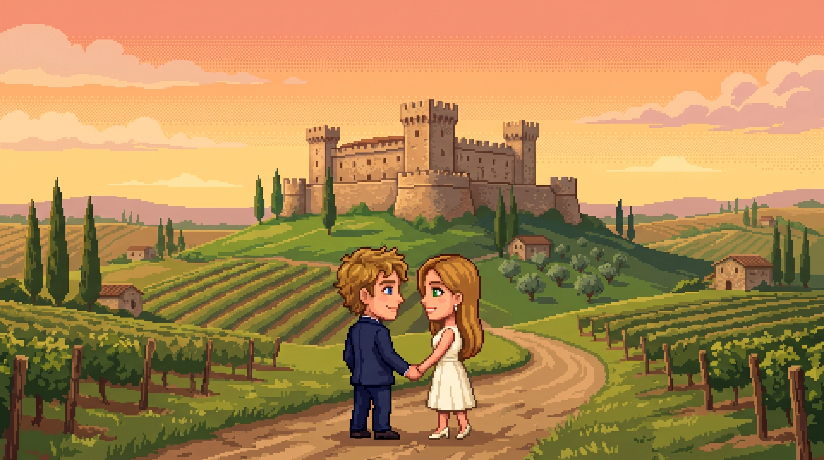 Pixel art: Luca and Sofia, the same height, stand hand-in-hand on a path before Castello di Meleto at sunset, vineyards rolling around them.