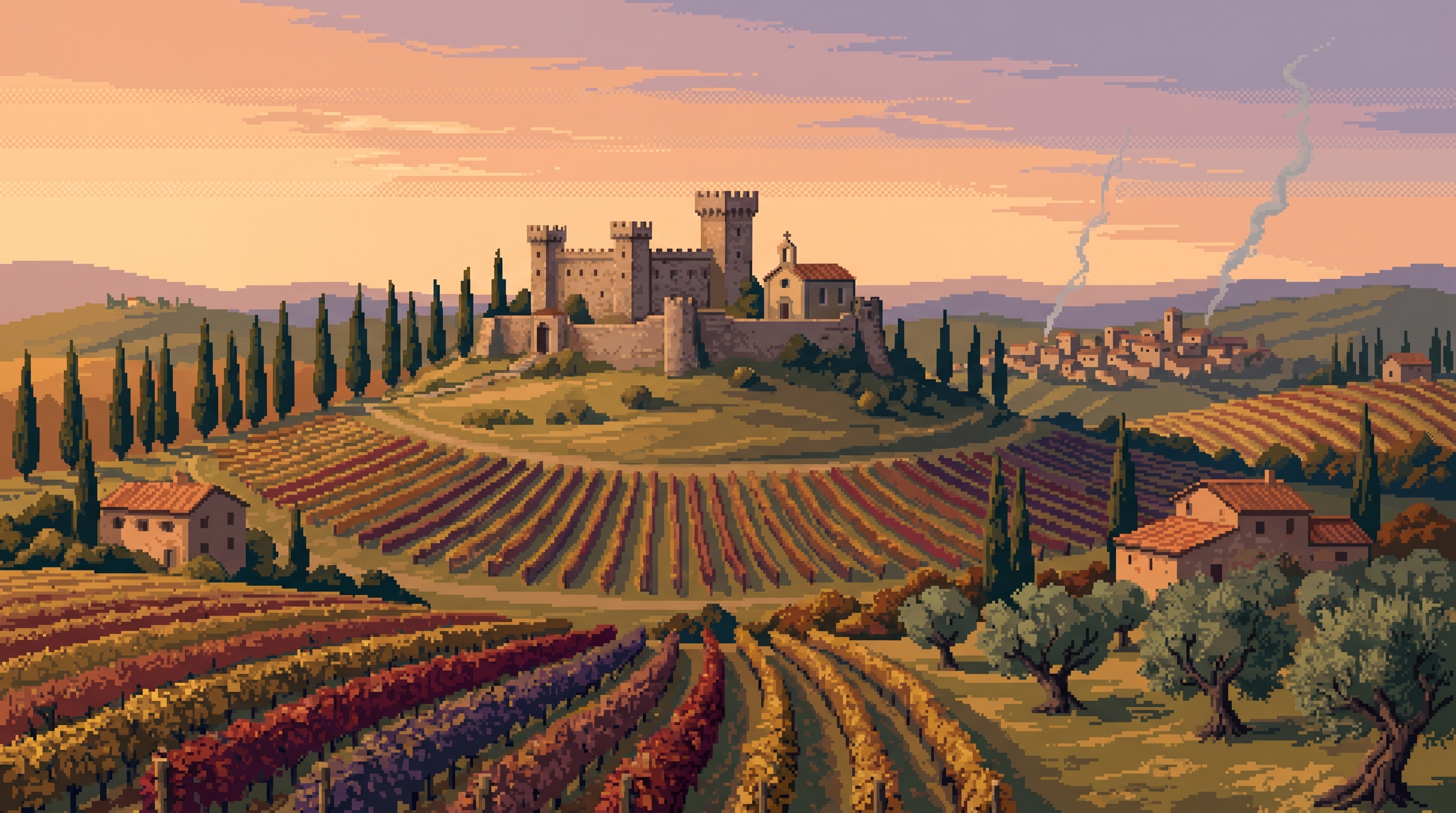Pixel art: Castello di Meleto on its hilltop, surrounded by rows of autumn vineyards, cypresses and stone farmhouses.