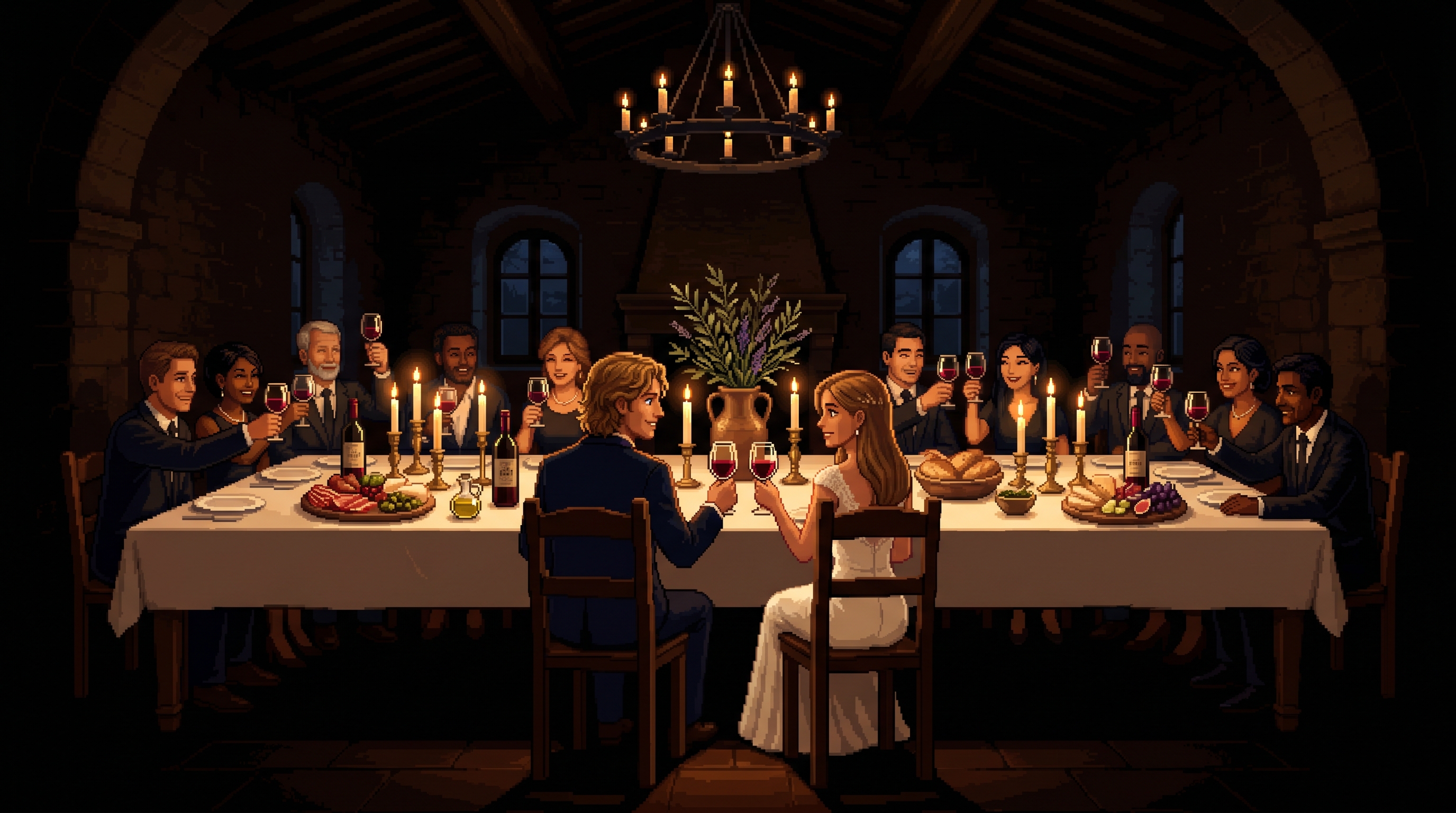 Pixel art: a very dim, chiaroscuro candlelit wedding dinner inside the Tuscan castle's great hall — the room mostly swallowed by deep shadow, only the candles on the long banquet table holding a warm pool of light. Luca and Sofia sit side by side at the centre of the table on identical wooden chairs, seen from behind in profile, toasting each other at exactly the same height while twelve international guests on the far side raise their glasses in unison.