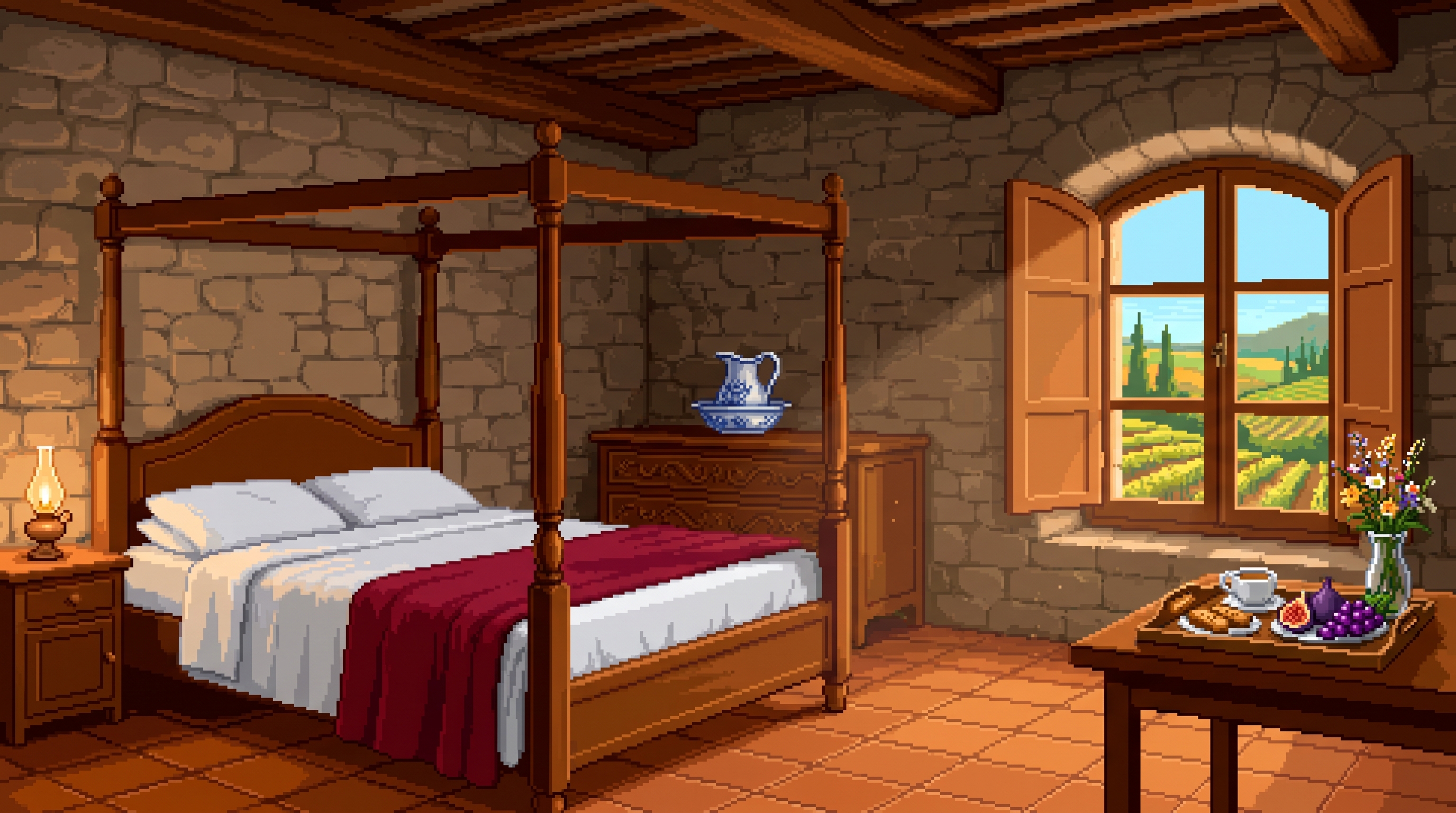 Pixel art: cozy castle guest room with four-poster bed, terracotta floors, arched window opening onto vineyards.