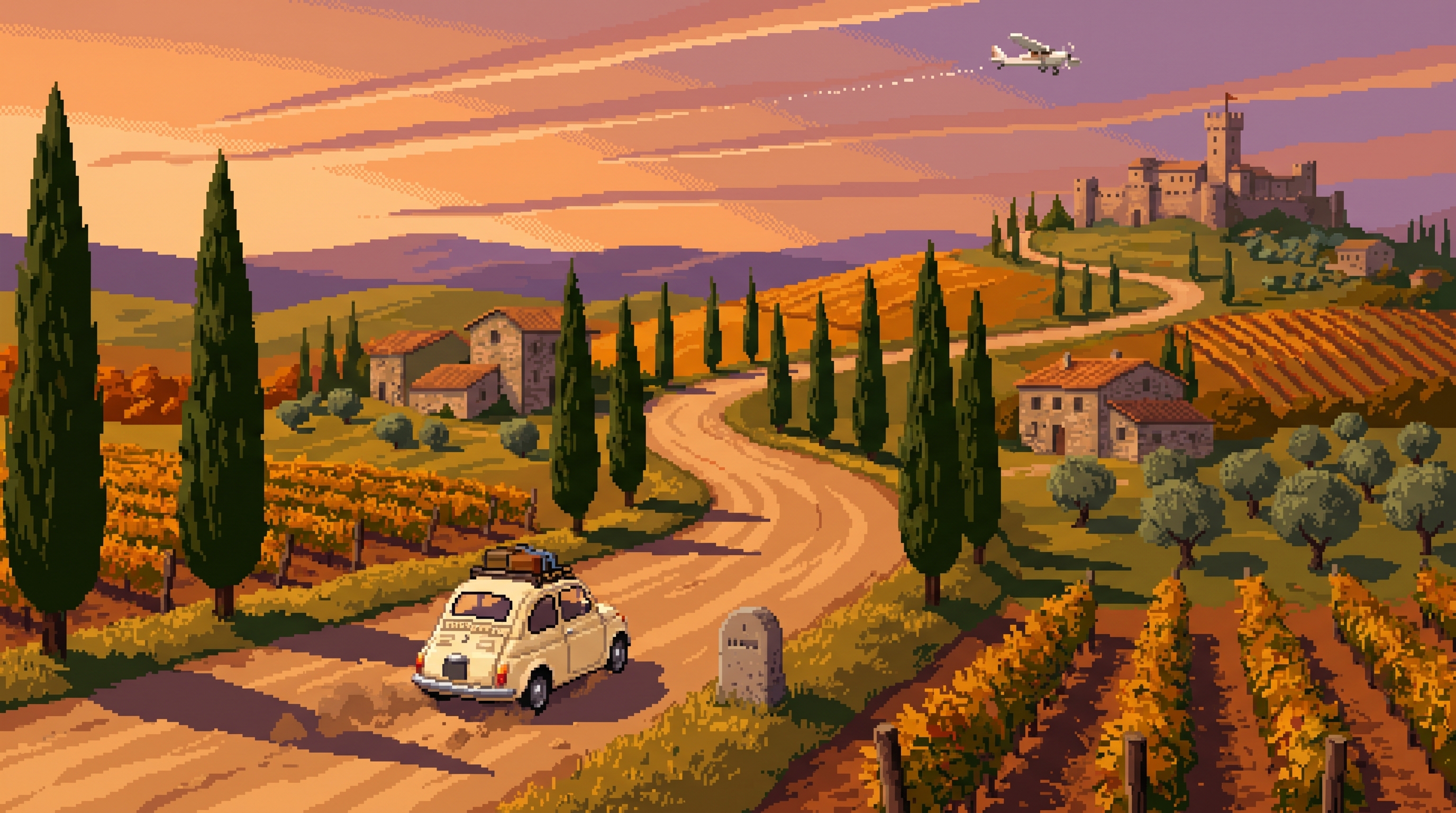 Pixel art: a vintage Fiat 500 drives along a cypress-lined Tuscan road climbing toward a distant castle, a small plane in the sky above.