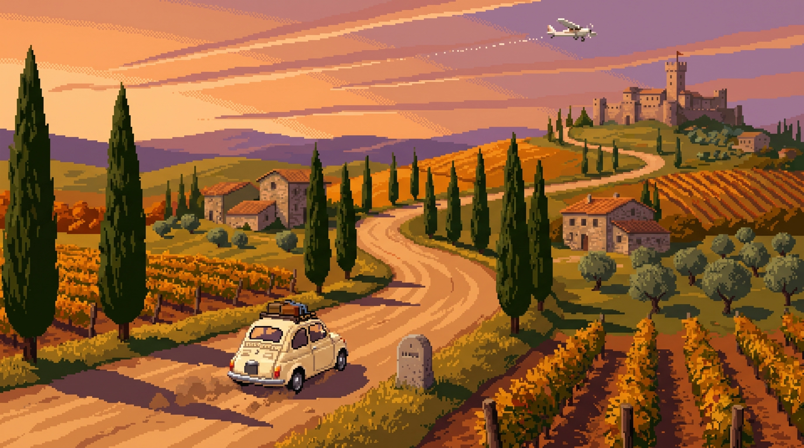Pixel art: a vintage Fiat 500 drives along a cypress-lined Tuscan road climbing toward a distant castle, a small plane in the sky above.