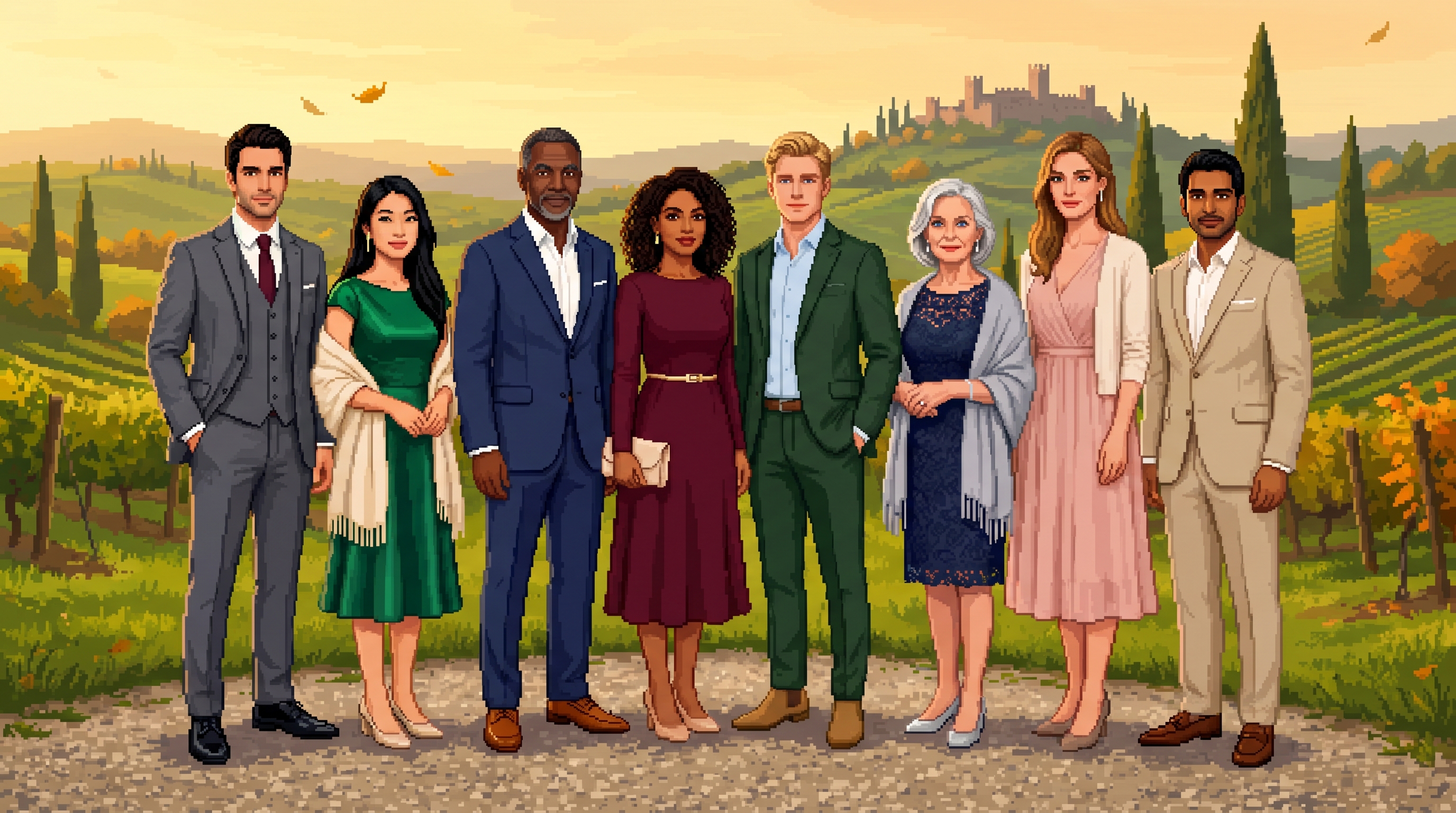 Pixel art: eight international wedding guests of varied ages and ethnicities standing on a gravel path in front of Tuscan vineyards and a distant castle, each in different cocktail attire — suits in charcoal, navy, forest green and sand linen; midi and knee-length dresses in emerald, burgundy, navy lace and blush — several women with shawls, wraps or cardigans for layering, all in elegant low or block-heel shoes.