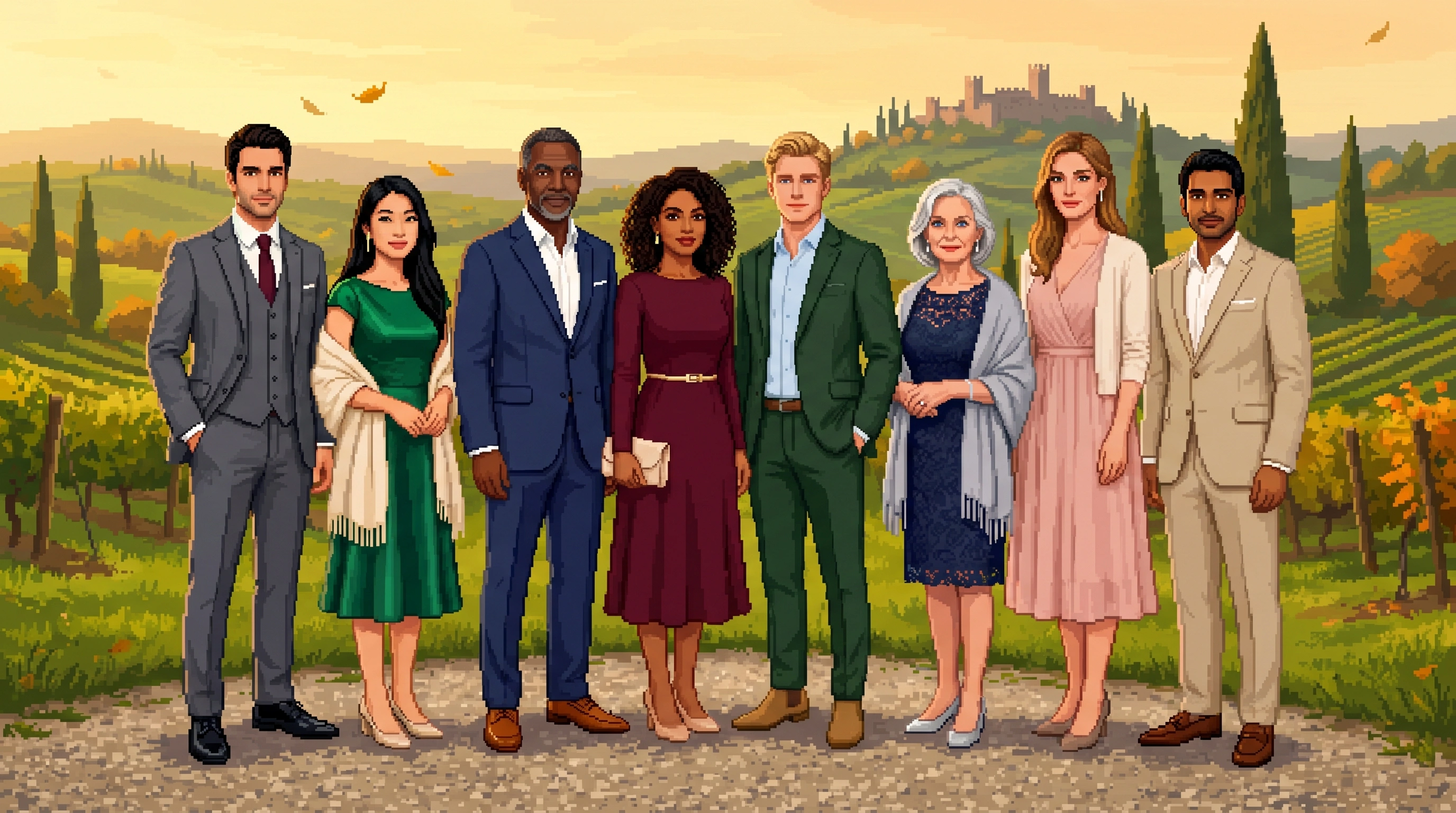 Pixel art: eight international wedding guests of varied ages and ethnicities standing on a gravel path in front of Tuscan vineyards and a distant castle, each in different cocktail attire — suits in charcoal, navy, forest green and sand linen; midi and knee-length dresses in emerald, burgundy, navy lace and blush — several women with shawls, wraps or cardigans for layering, all in elegant low or block-heel shoes.