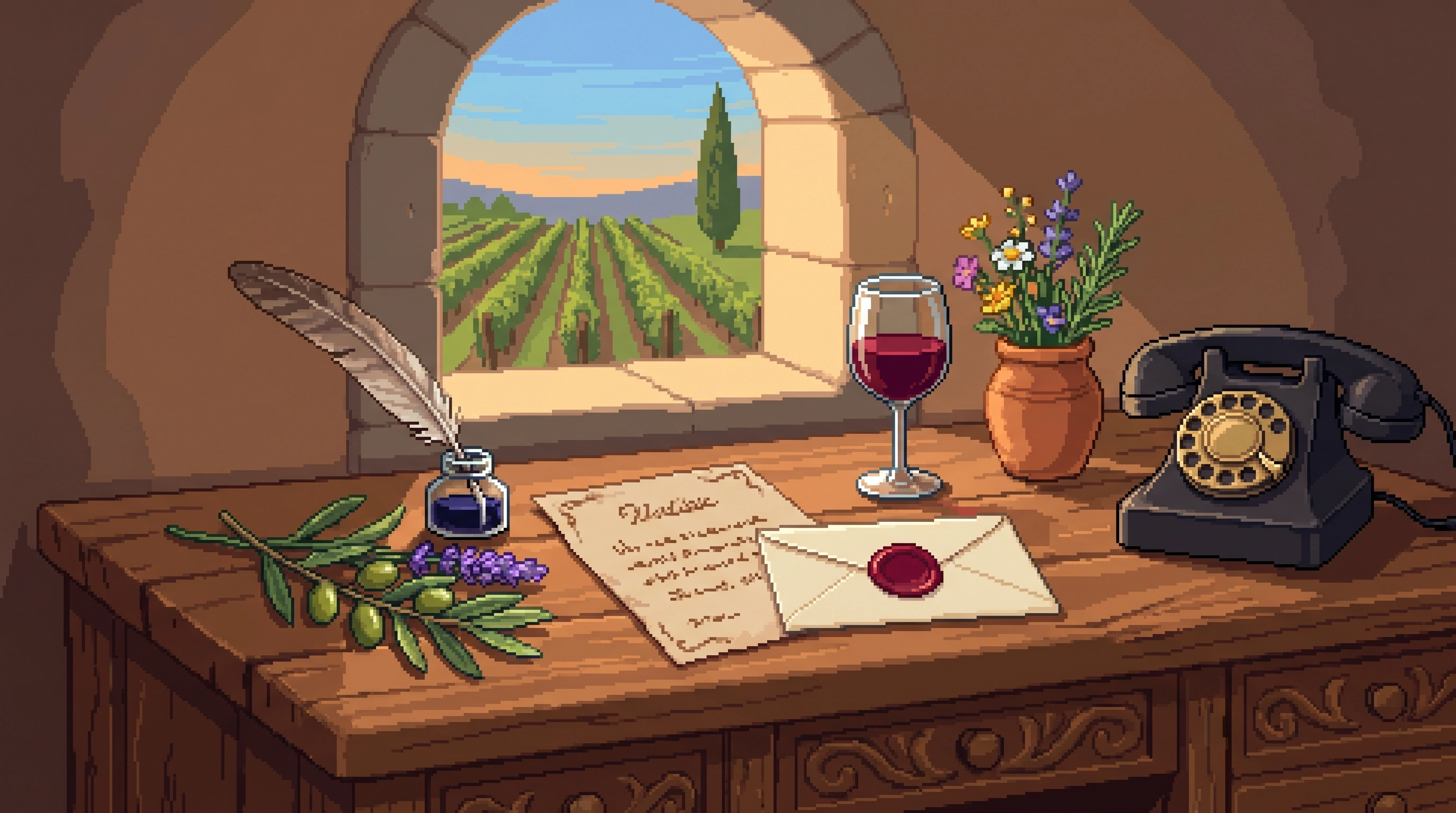 Pixel art: a wooden desk with a handwritten invitation, a wax-sealed envelope, a glass of Chianti, a feathered quill, lavender and a rotary phone.