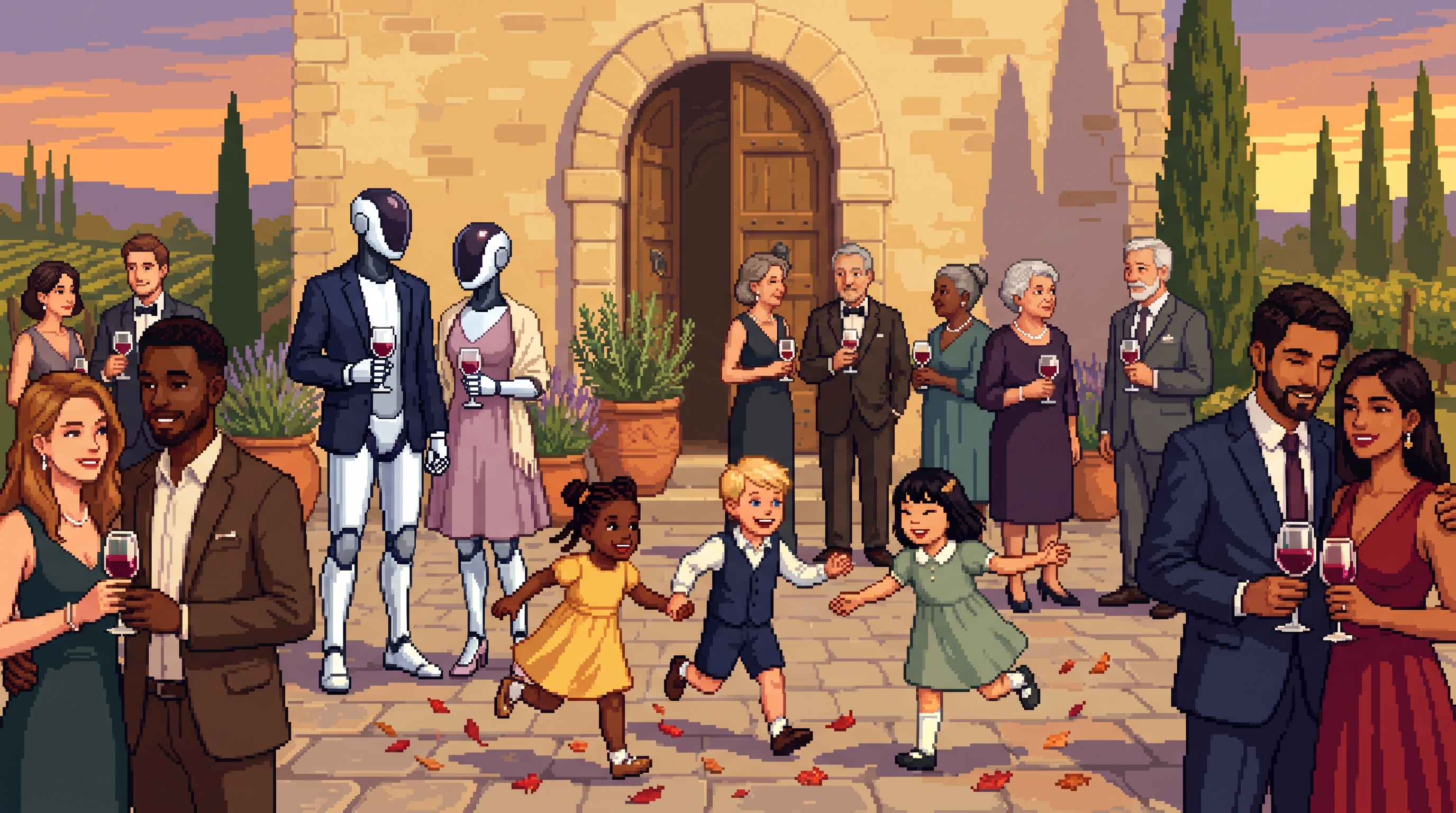 Pixel art: an international wedding gathering in front of the castle entrance — three small children of different ethnicities play tag at the centre, young couples watch with affection on either side, older guests chat in the background. Tucked into the crowd, a male-and-female Optimus-style android couple in cocktail attire stands quietly chatting, holding glasses of Chianti.