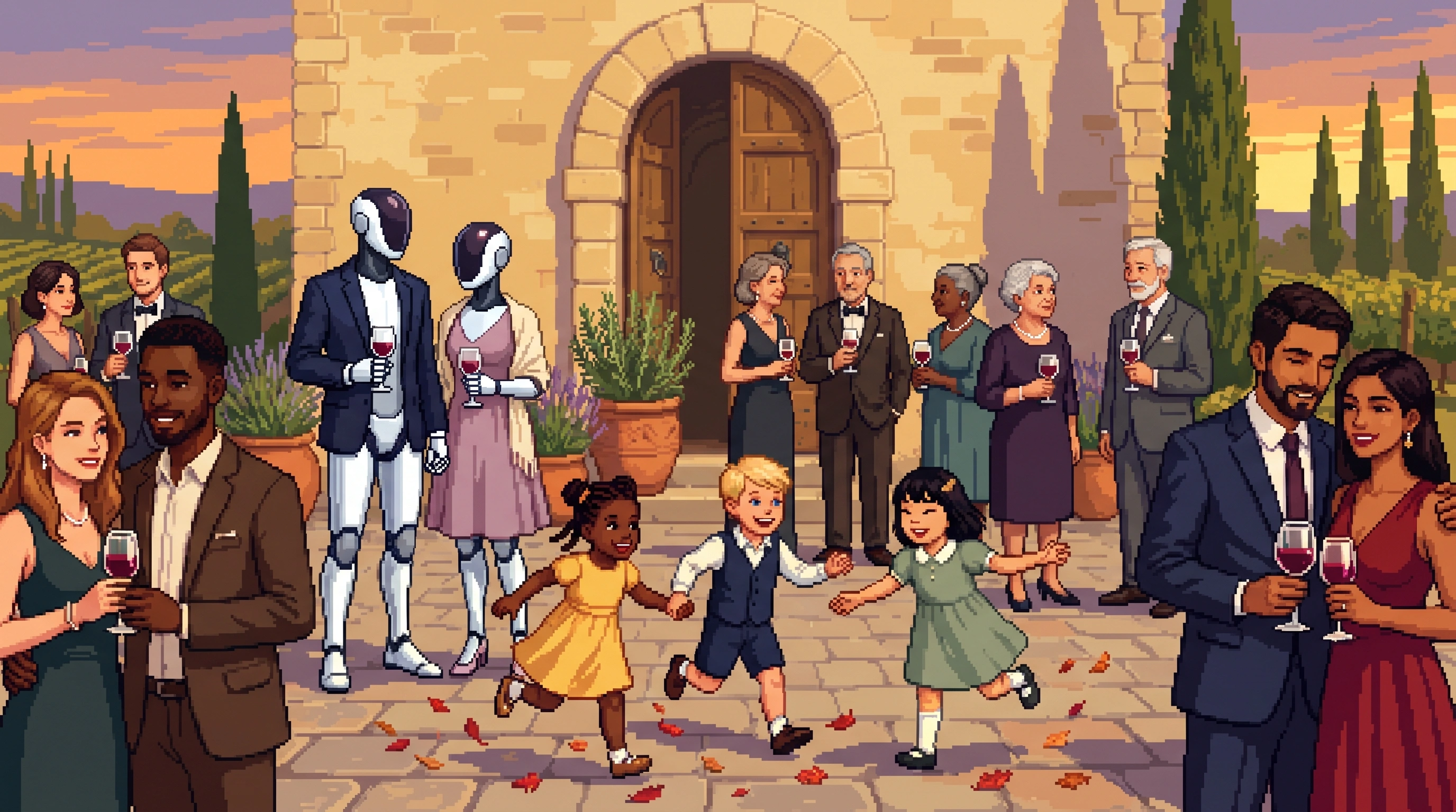 Pixel art: an international wedding gathering in front of the castle entrance — three small children of different ethnicities play tag at the centre, young couples watch with affection on either side, older guests chat in the background. Tucked into the crowd, a male-and-female Optimus-style android couple in cocktail attire stands quietly chatting, holding glasses of Chianti.