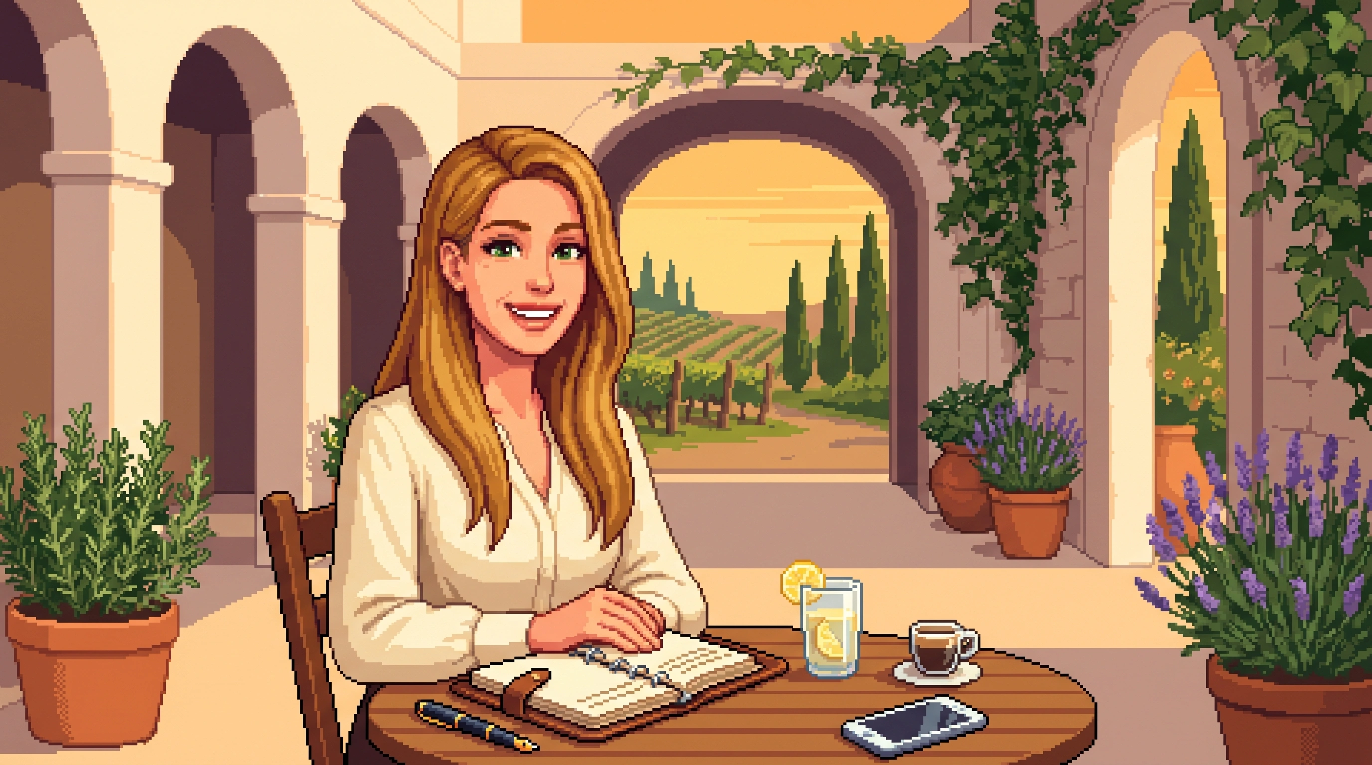 Pixel art: Sofia sits smiling at a small table in a sunlit Tuscan castle courtyard, with a notebook, water, espresso and a phone — ready to answer questions.