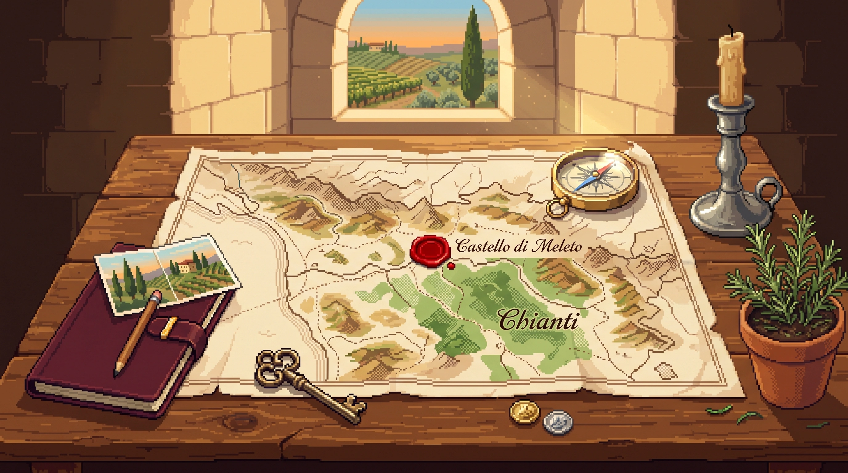 Pixel art still life: an open paper map of Tuscany on a wooden castle desk, marked only with 'Castello di Meleto' next to a red wax seal and 'Chianti' across the green-shaded region; a brass compass and ornate key resting on the map; a burgundy leather notebook with a Tuscan postcard tucked on top; a pewter candlestick and a small rosemary plant. An arched window behind the desk opens onto a sunset view of cypresses and vineyards.