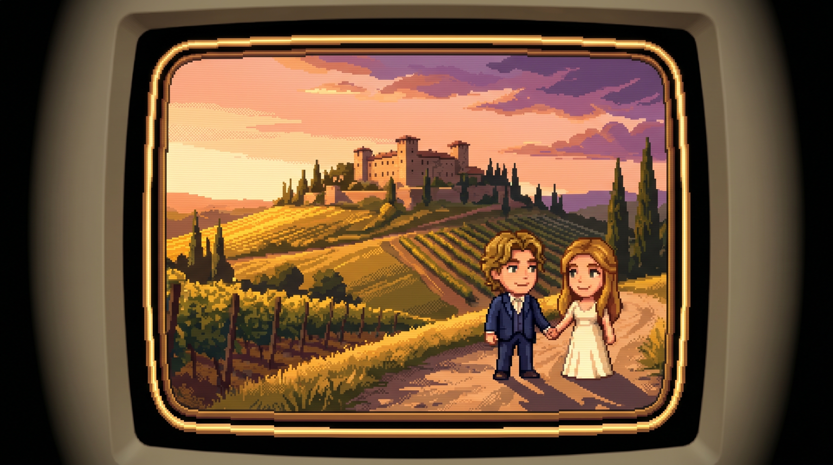 Pixel art: a vintage CRT television showing Luca and Sofia standing on the path before Castello di Meleto at sunset, framed like a 1990s adventure-game title screen.